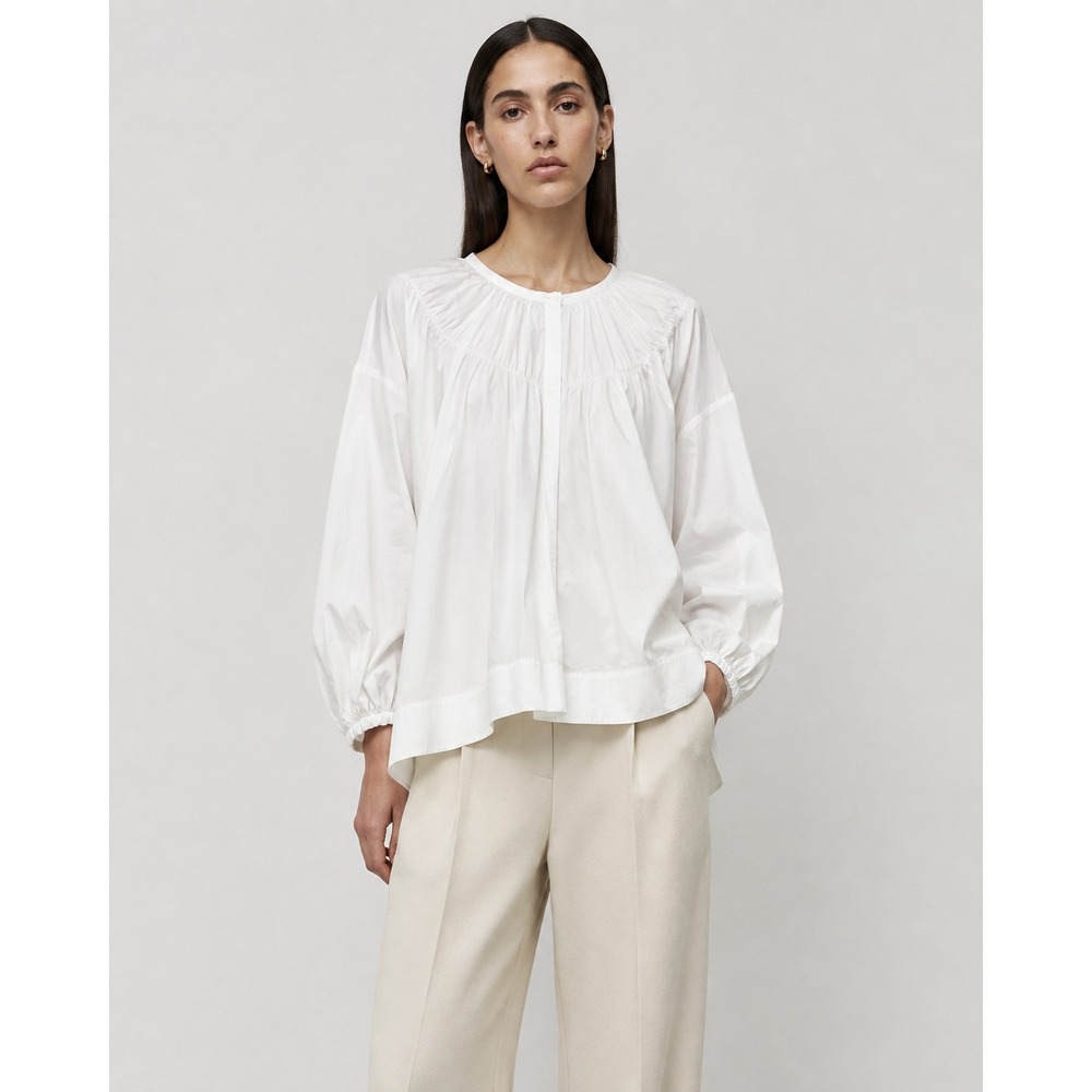 COS White Cotton Poplin Oversized Gathered Neckline Blouse Large Popover Top - Picture 11 of 12